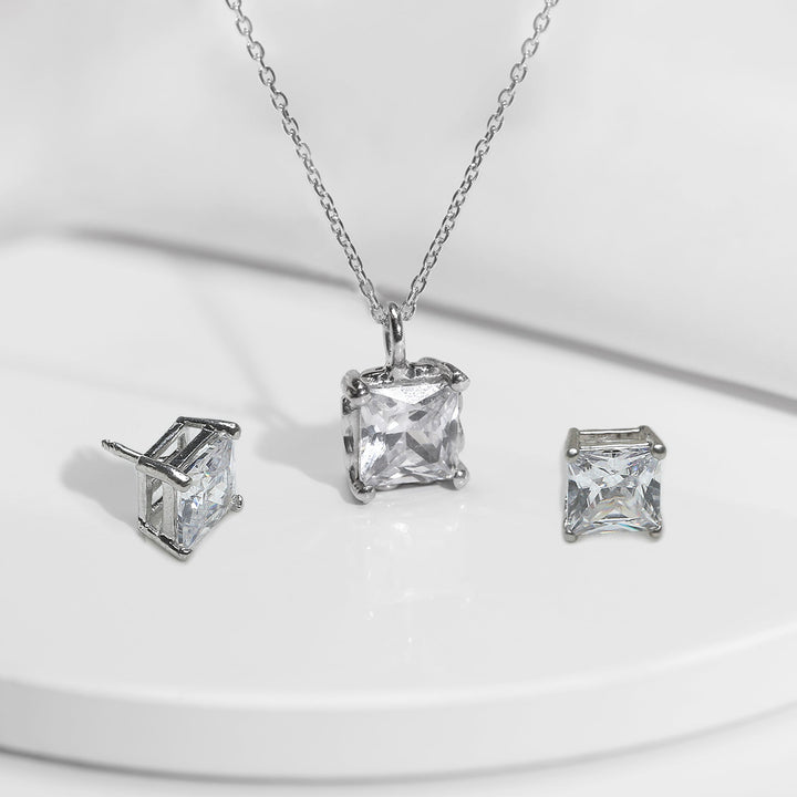 Silver Zircon Square Set with Link Chain