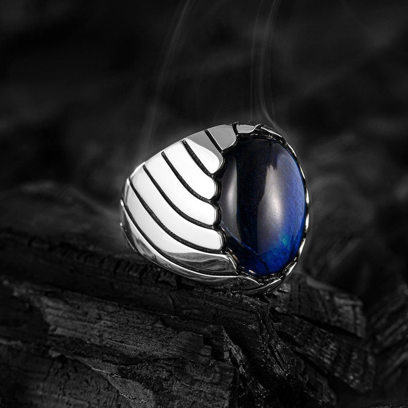 BLUE CAT EYE WAVES MEN'S RING - 925 SILVER - SENSATION Pakistan