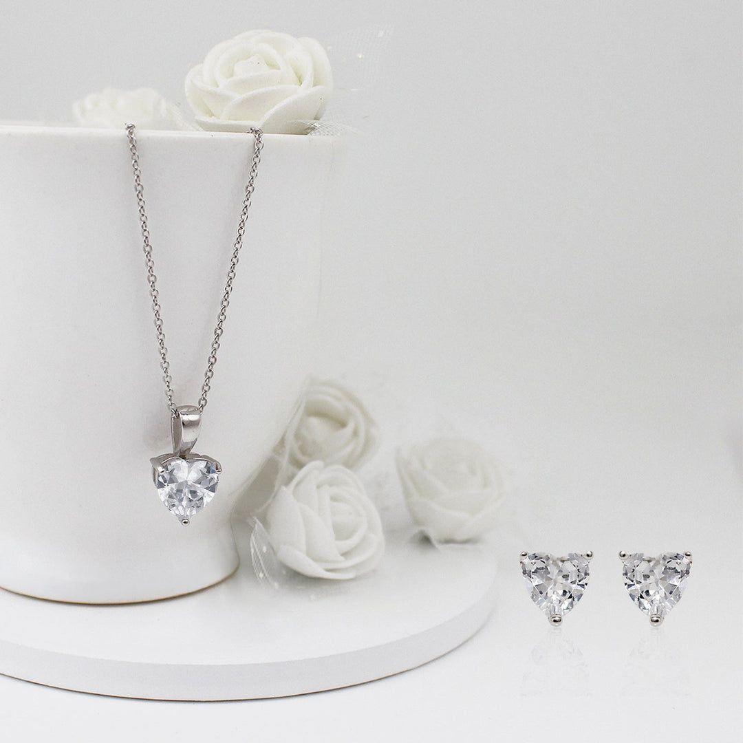 Silver Solitaire Heart Set with Link Chain