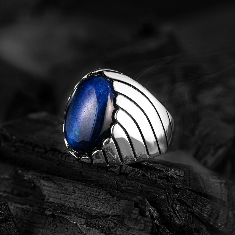 BLUE CAT EYE WAVES MEN'S RING - 925 SILVER - SENSATION Pakistan