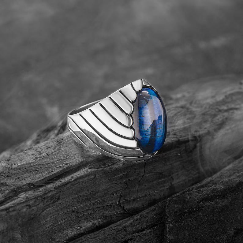BLUE CAT EYE WAVES MEN'S RING - 925 SILVER - SENSATION Pakistan