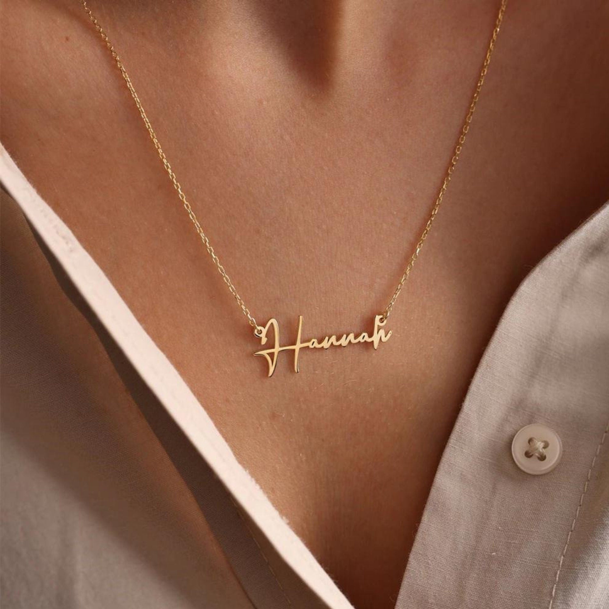 Gold signature shop name necklace